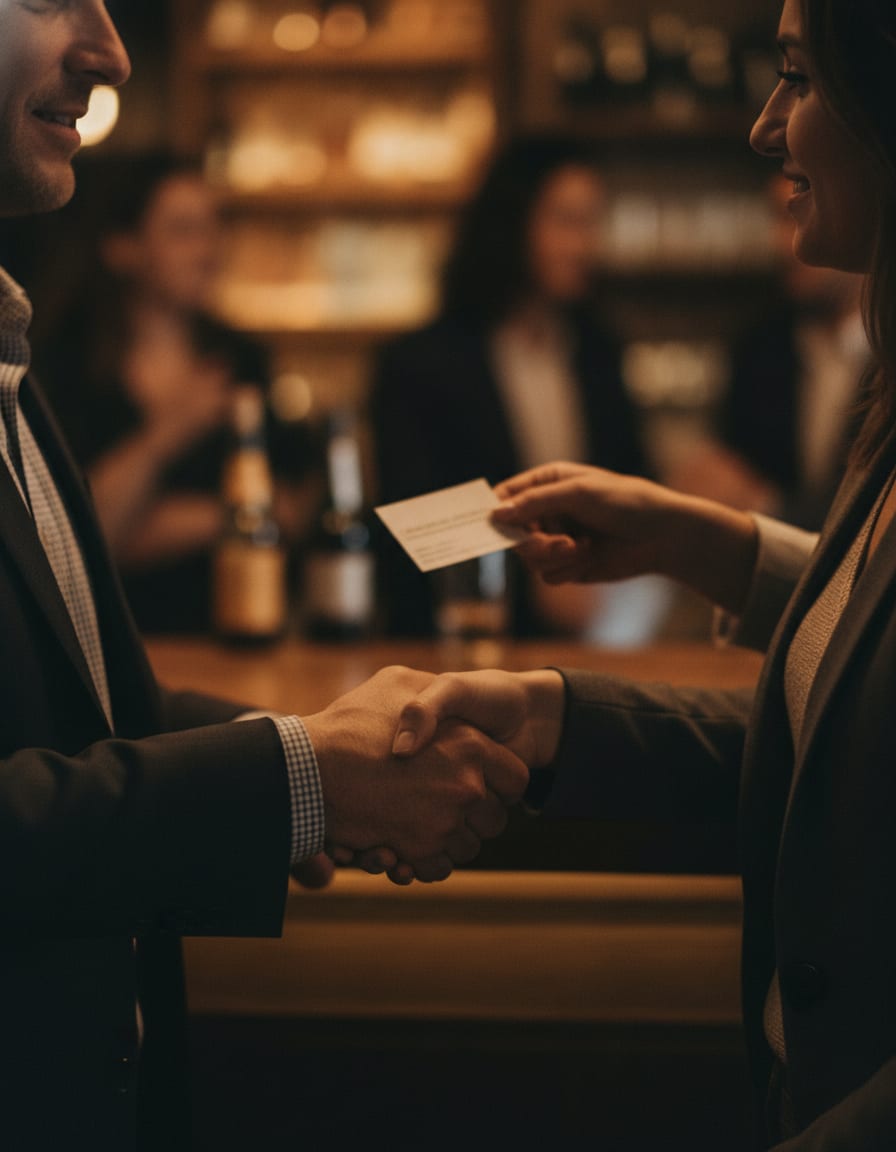 Members exchanging business cards at a meeting